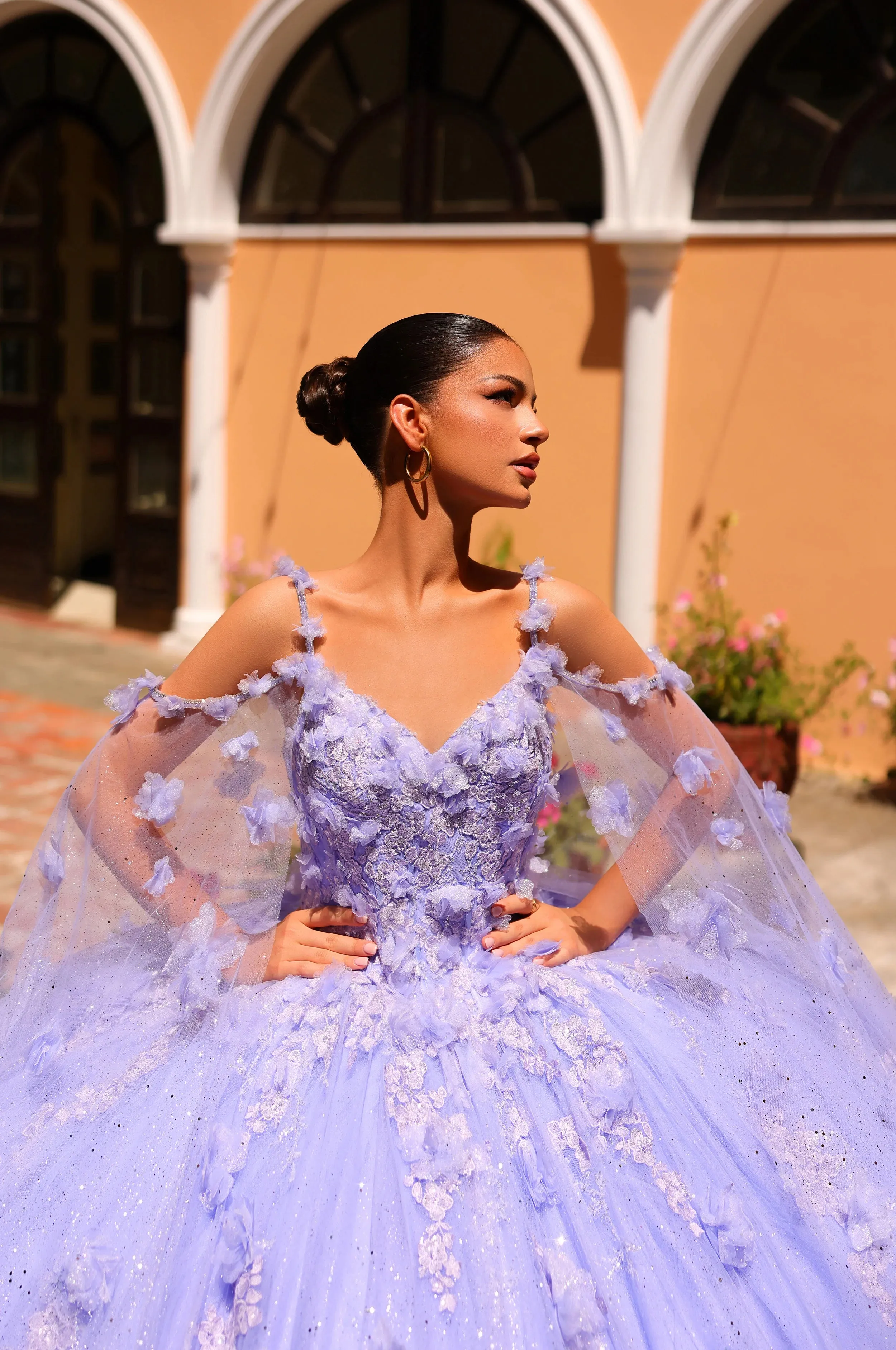 Amarra 54254 quinceanera Dress Sequin Lace Cape Sleeve Ball Gown Train 3D Flowers