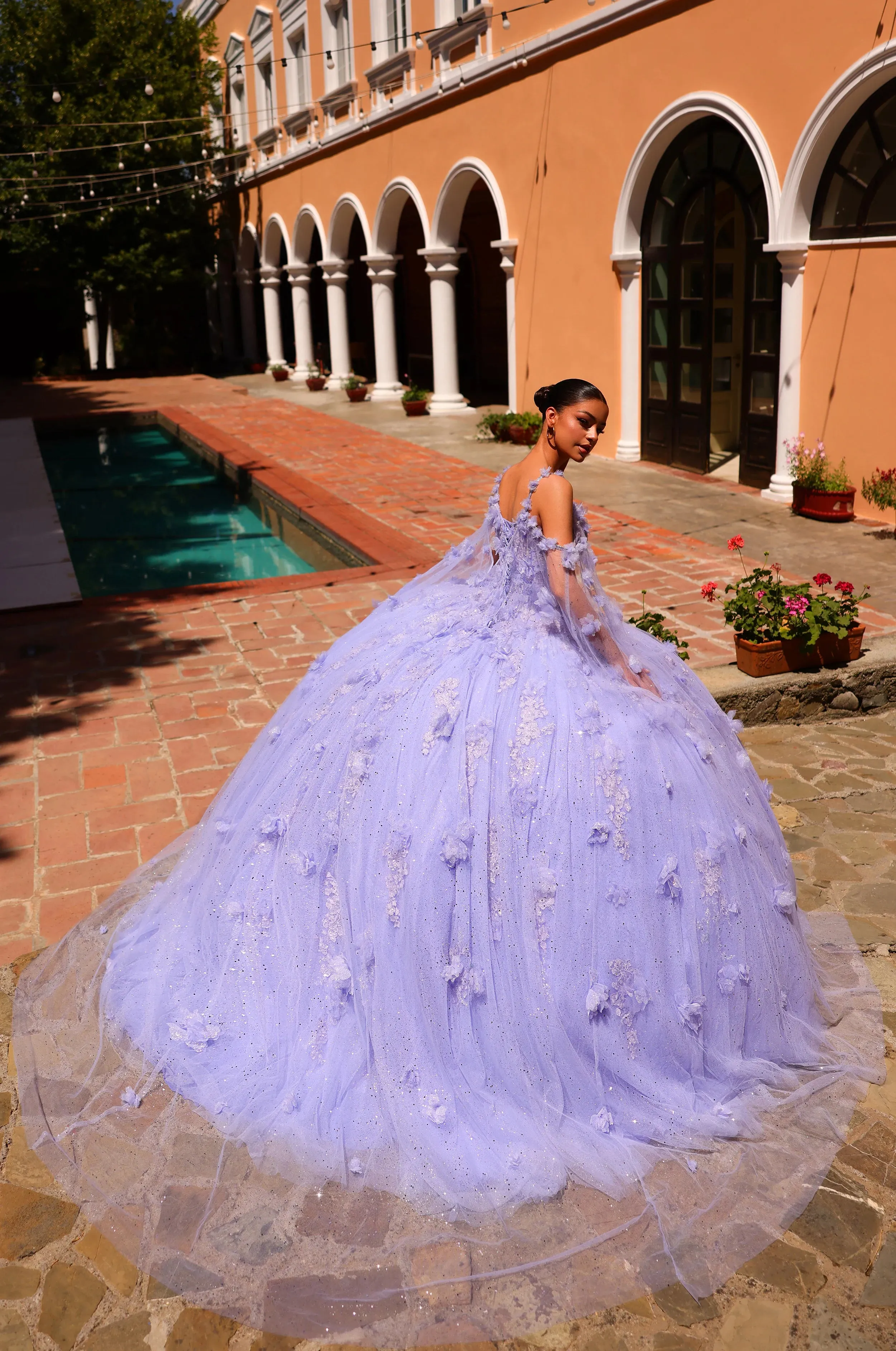 Amarra 54254 quinceanera Dress Sequin Lace Cape Sleeve Ball Gown Train 3D Flowers