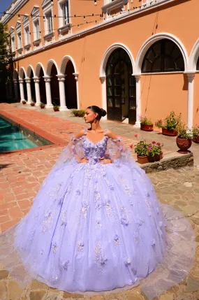 Amarra 54254 quinceanera Dress Sequin Lace Cape Sleeve Ball Gown Train 3D Flowers