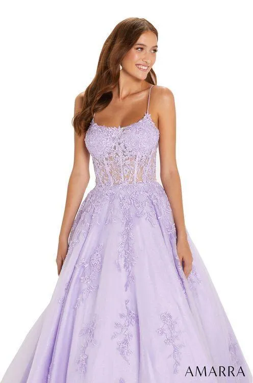 Amarra 88584 Long Shimmer Lace A Line Ballgown Prom Dress Sheer Corset Pageant Gown