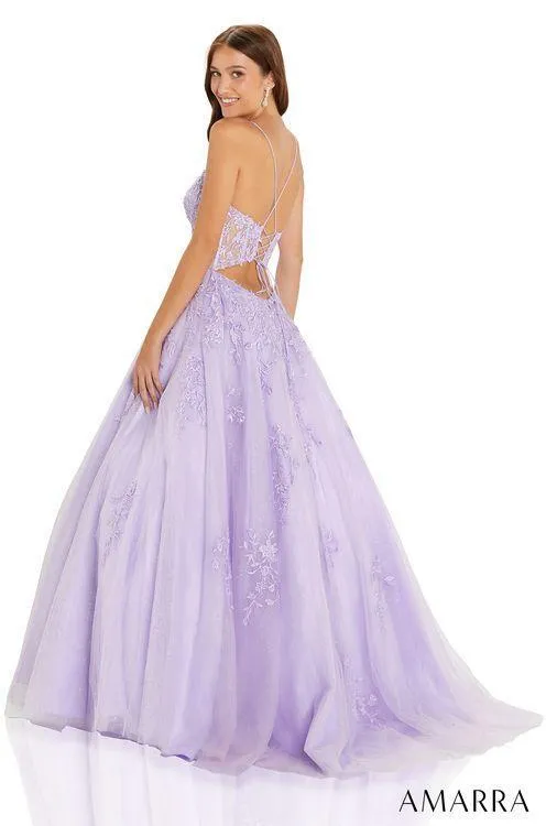 Amarra 88584 Long Shimmer Lace A Line Ballgown Prom Dress Sheer Corset Pageant Gown