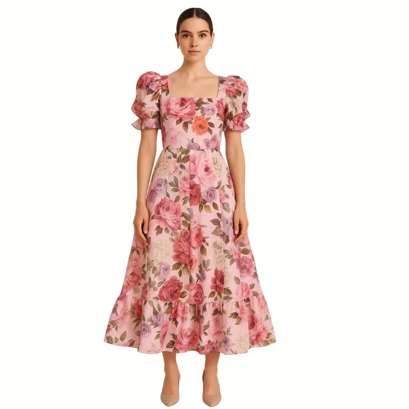 Amelia Puff Sleeve Midi Dress With Pockets