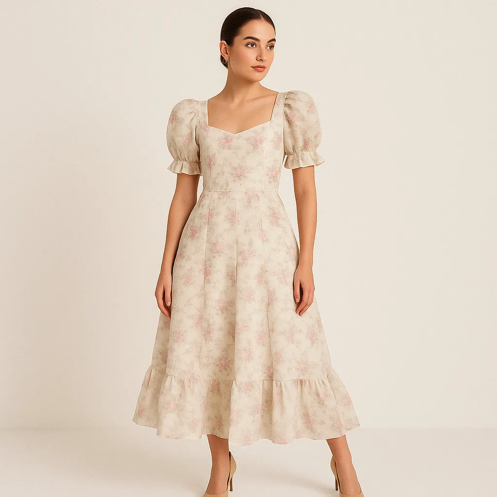 Amelia Puff Sleeve Midi Dress With Pockets