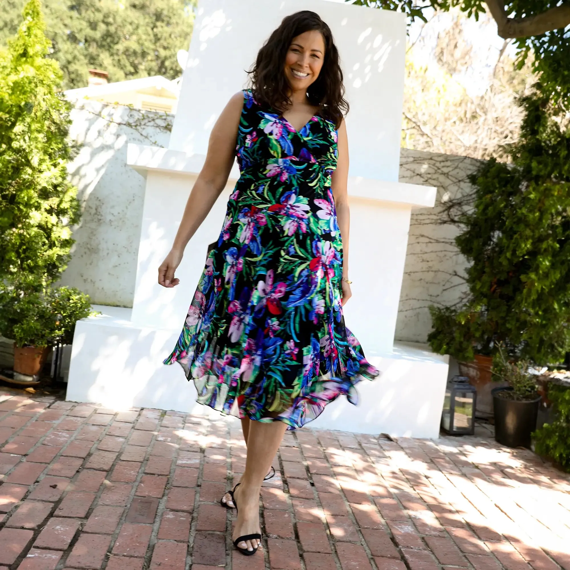 Audrey Black Floral Asymmetrical Midi Dress