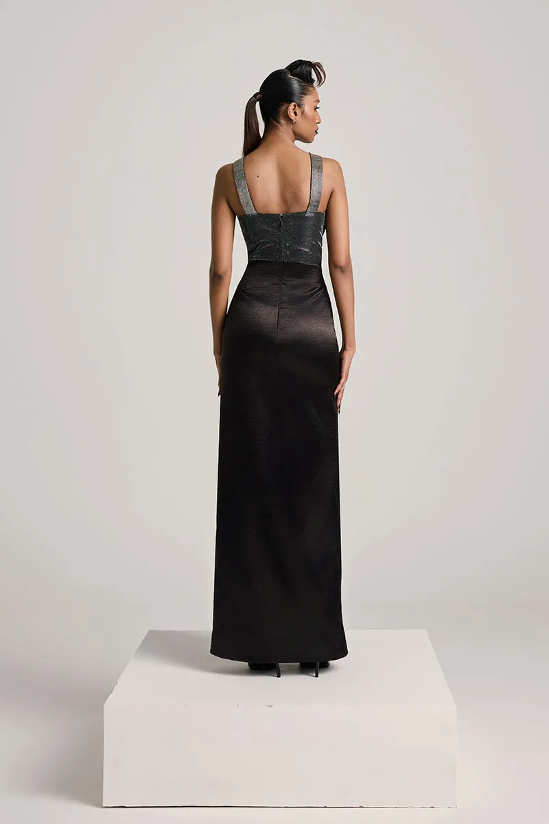 BLACK TEXTURED SATIN SLIT MAXI DRESS
