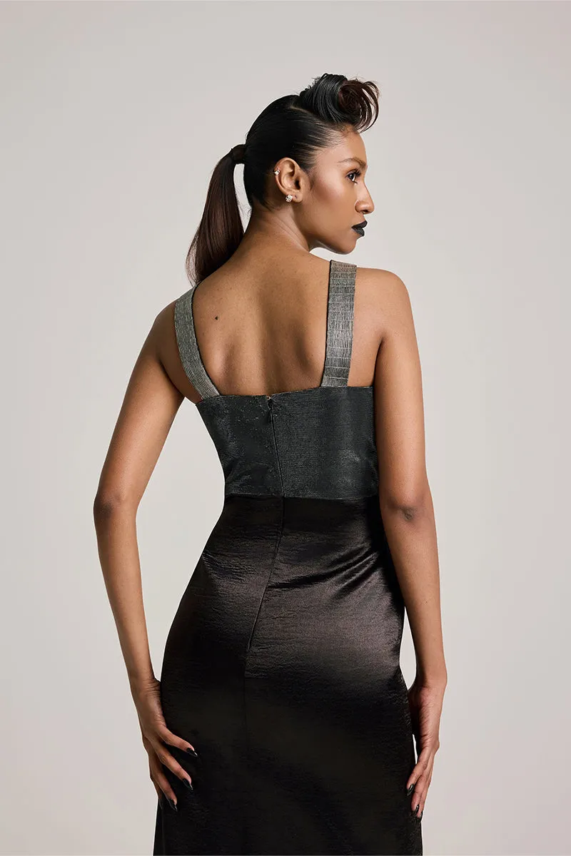 BLACK TEXTURED SATIN SLIT MAXI DRESS