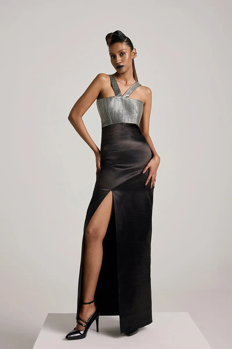 BLACK TEXTURED SATIN SLIT MAXI DRESS