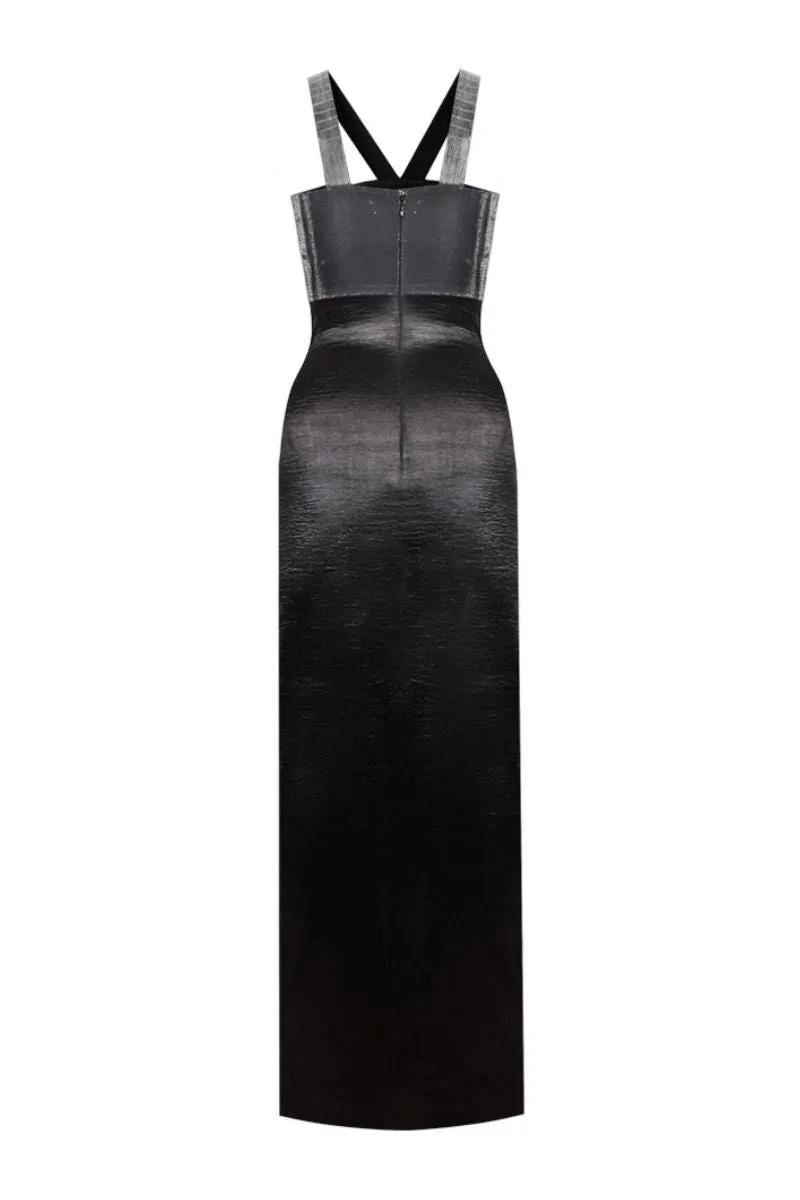 BLACK TEXTURED SATIN SLIT MAXI DRESS