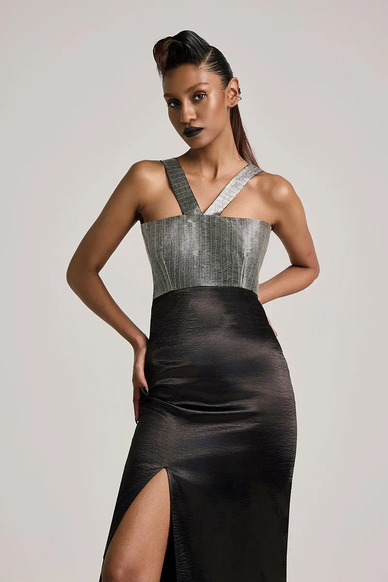 BLACK TEXTURED SATIN SLIT MAXI DRESS