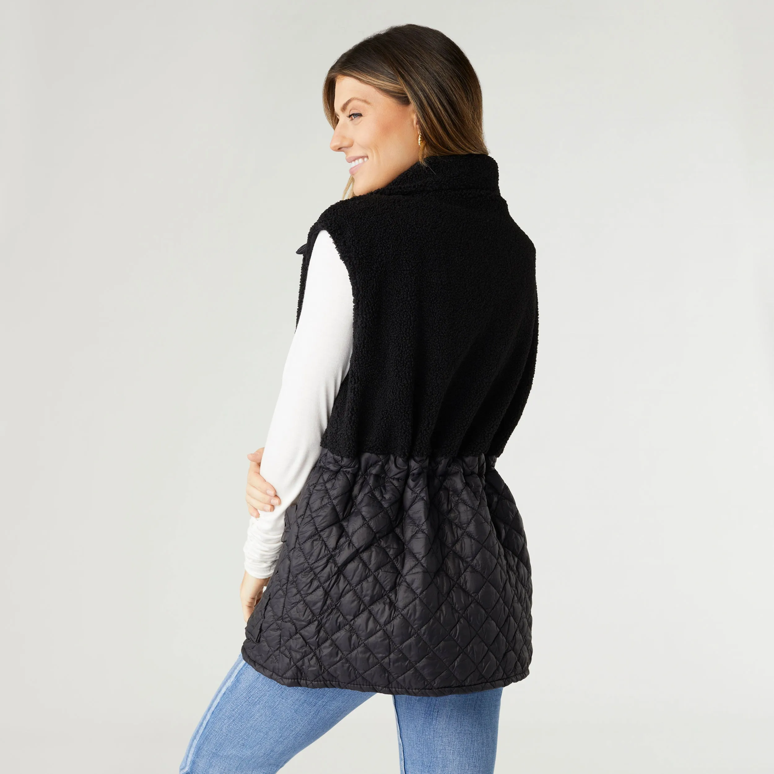 Black Tipper Mixed Sherpa Quilted Nylon Vest