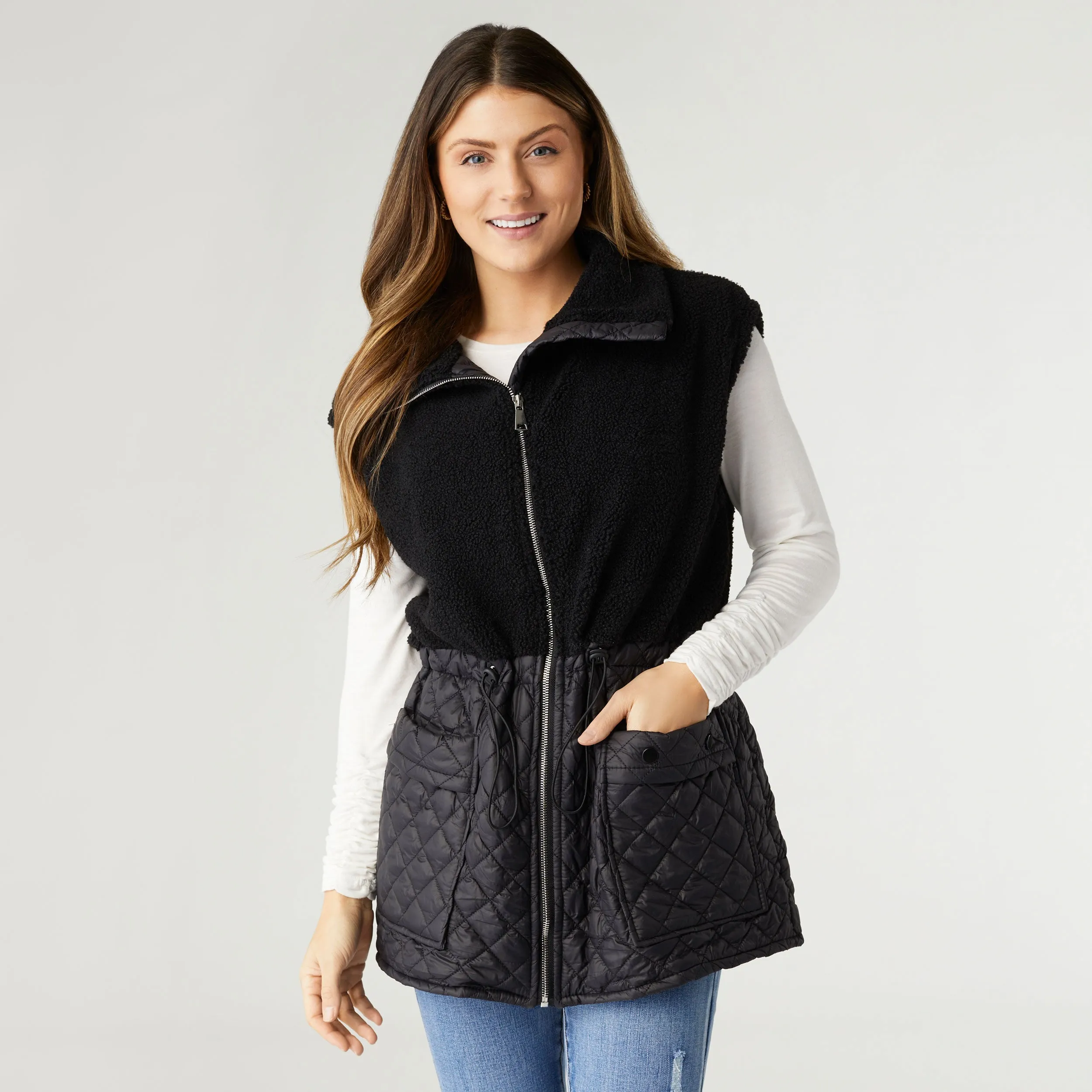 Black Tipper Mixed Sherpa Quilted Nylon Vest