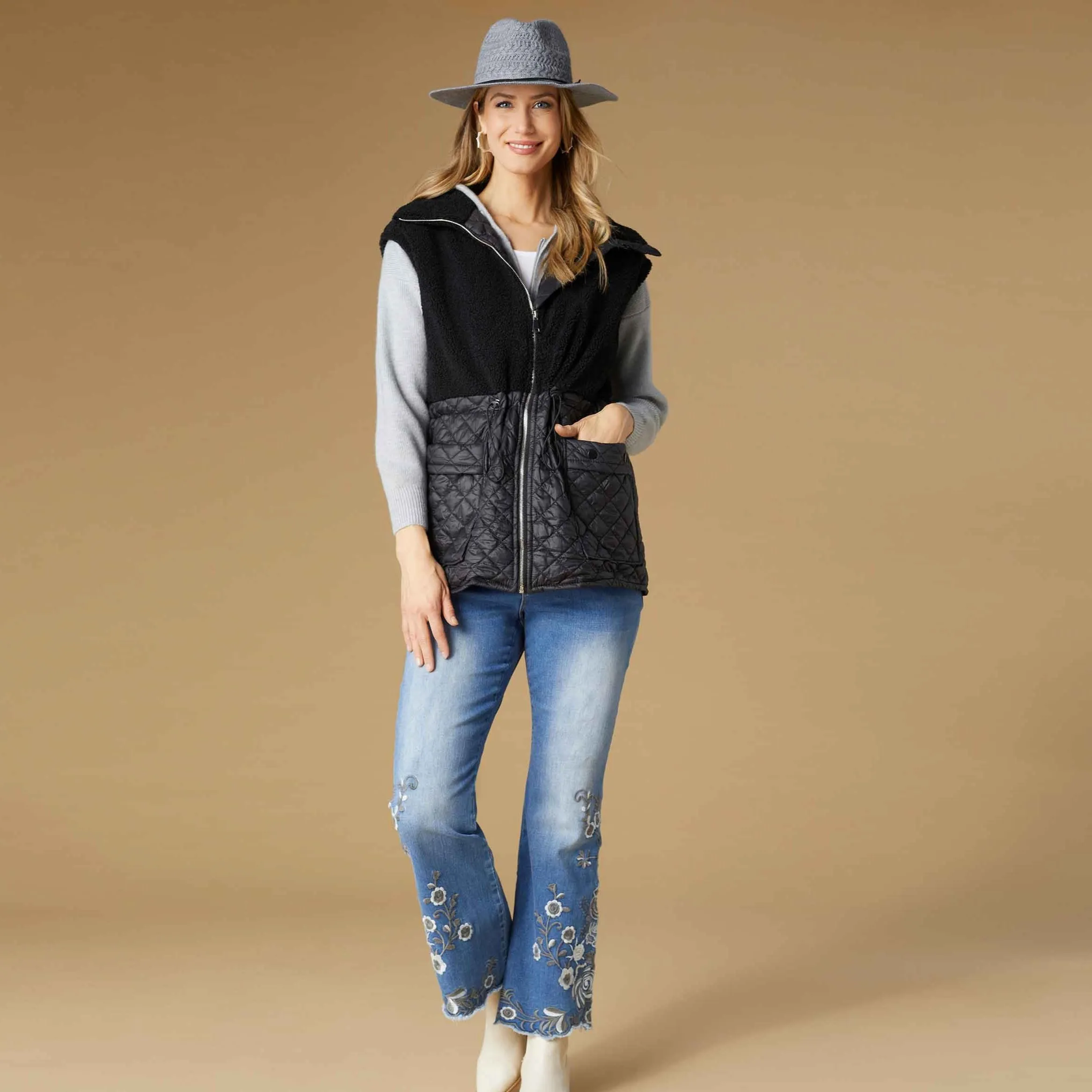 Black Tipper Mixed Sherpa Quilted Nylon Vest