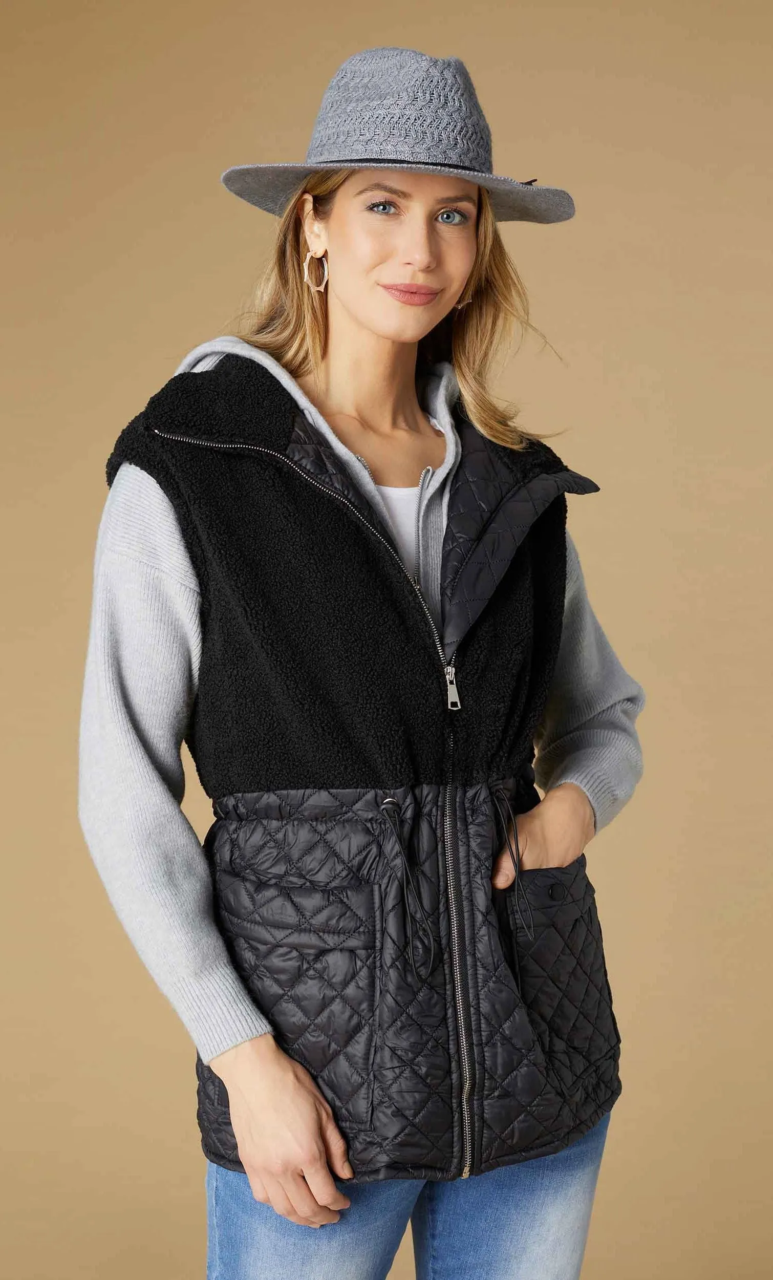 Black Tipper Mixed Sherpa Quilted Nylon Vest