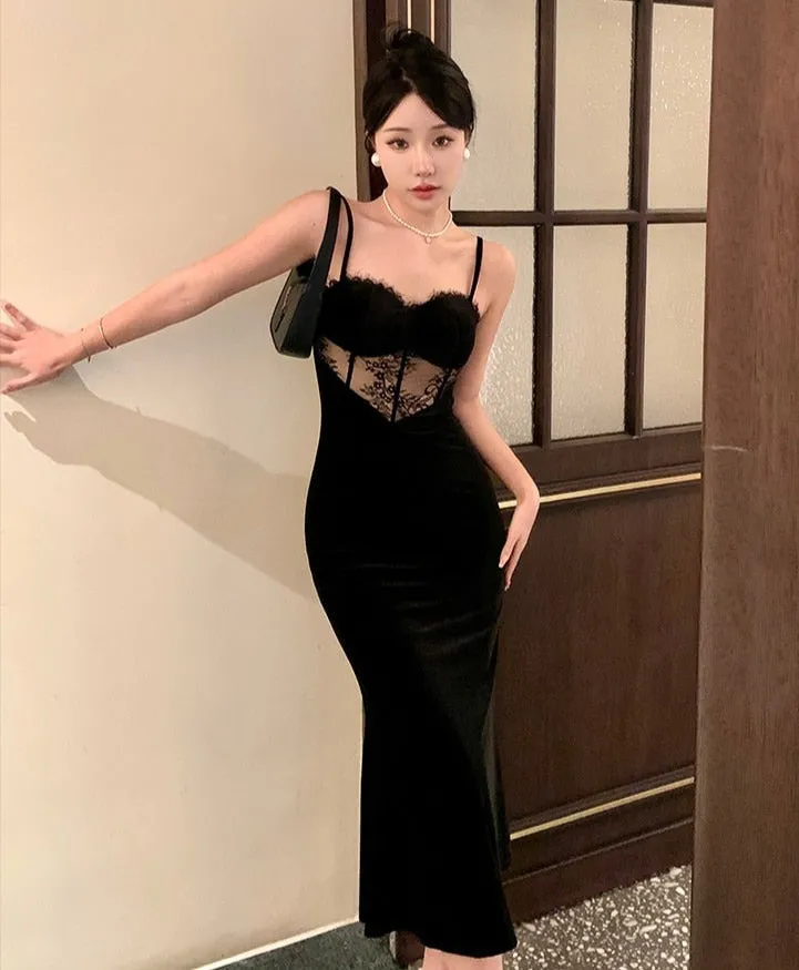 Brenna Black Velvet Vampy Lace Slip Dress
