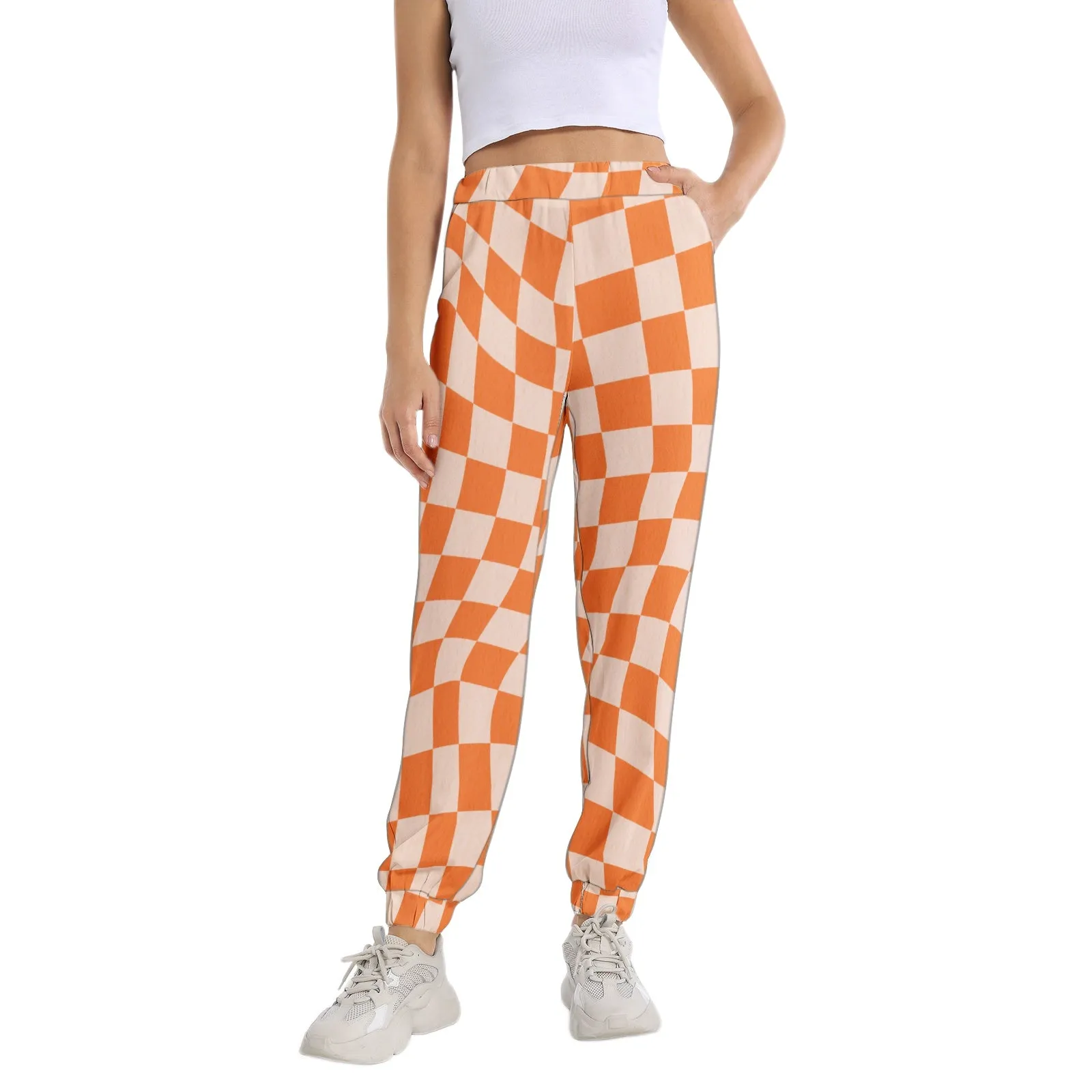 Elastic Waist Tapered Sweatpants Checkered Groovy Retro