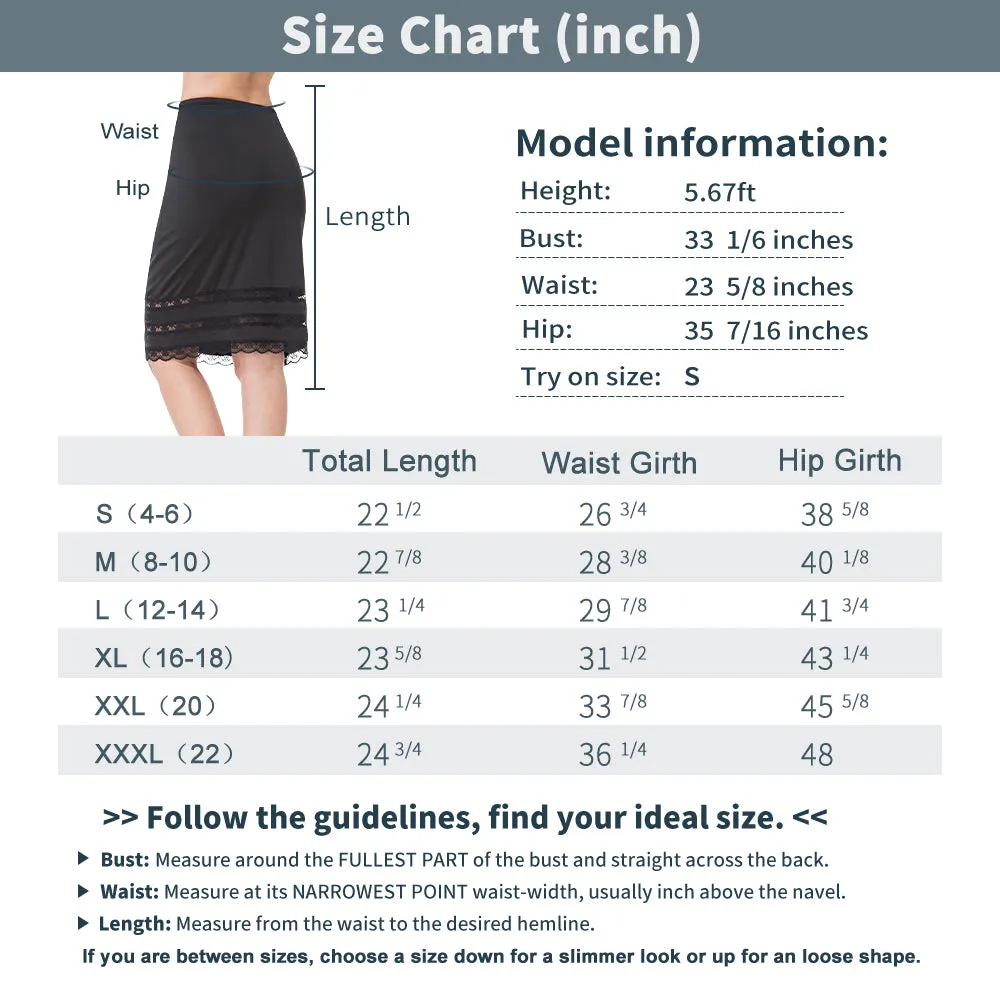 Half Slips for Women Underskirt Dress Extender Lace Trim Knee Length Midi Skirt 14-25" Length
