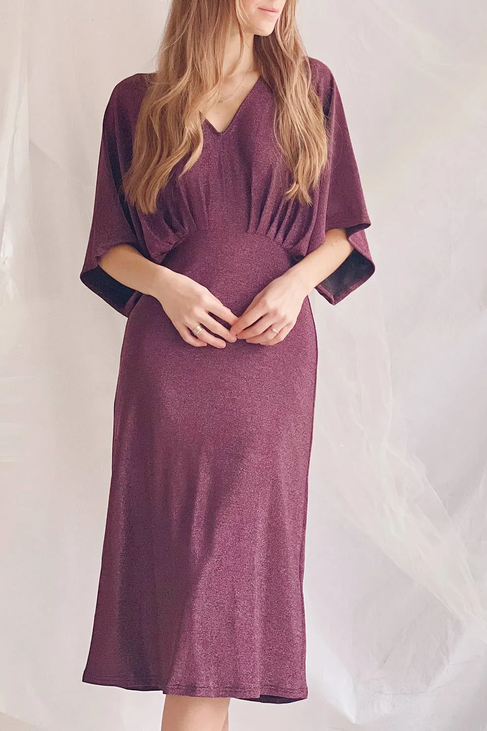 Isuma | Shimmery Midi Dress w/ Short Batwing Sleeves