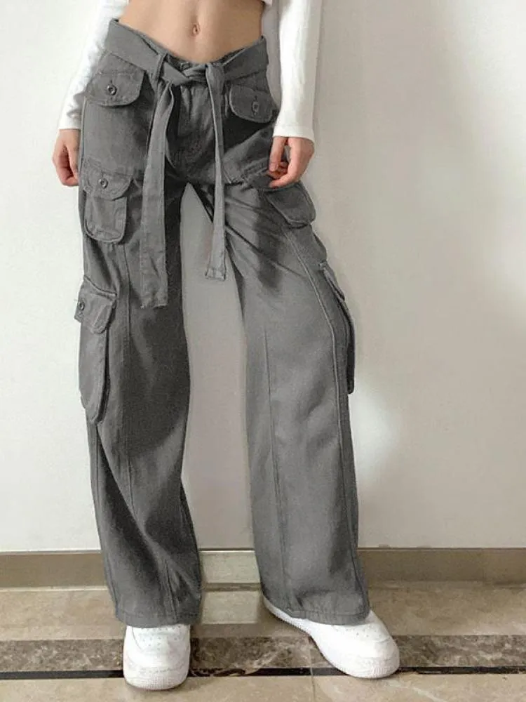 Joskaa Retro America Summer Cargo Pants Women Bottom Korean Fashion Grey Pocket Sweatpants Trousers Women Streetwears Pants