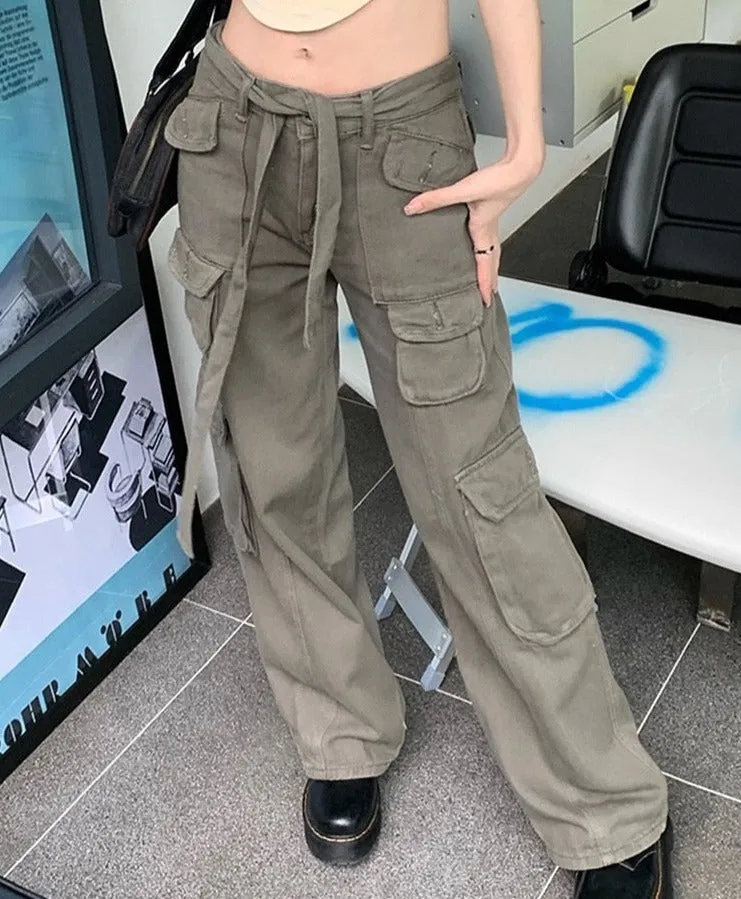 Joskaa Retro America Summer Cargo Pants Women Bottom Korean Fashion Grey Pocket Sweatpants Trousers Women Streetwears Pants