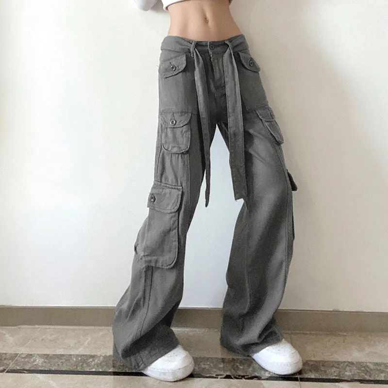 Joskaa Retro America Summer Cargo Pants Women Bottom Korean Fashion Grey Pocket Sweatpants Trousers Women Streetwears Pants