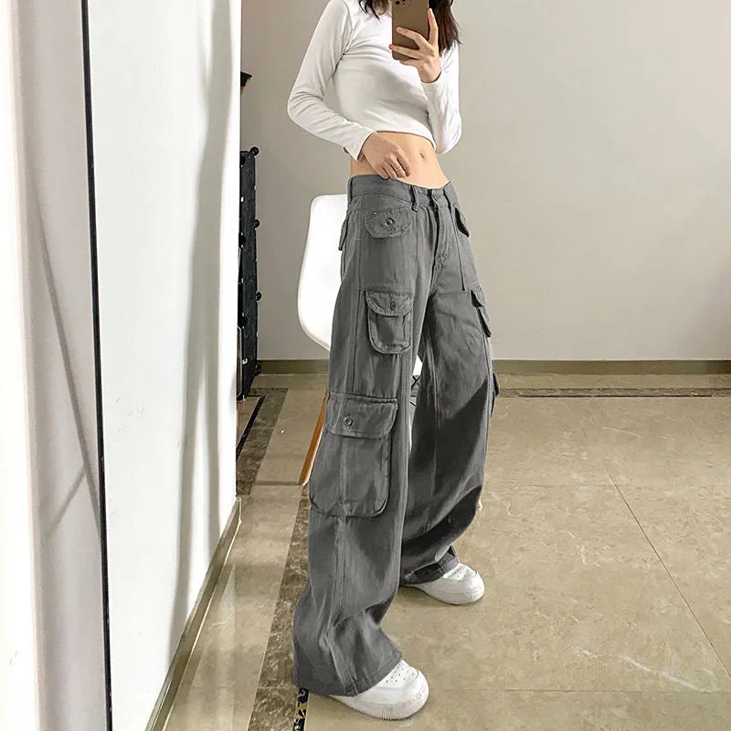 Joskaa Retro America Summer Cargo Pants Women Bottom Korean Fashion Grey Pocket Sweatpants Trousers Women Streetwears Pants