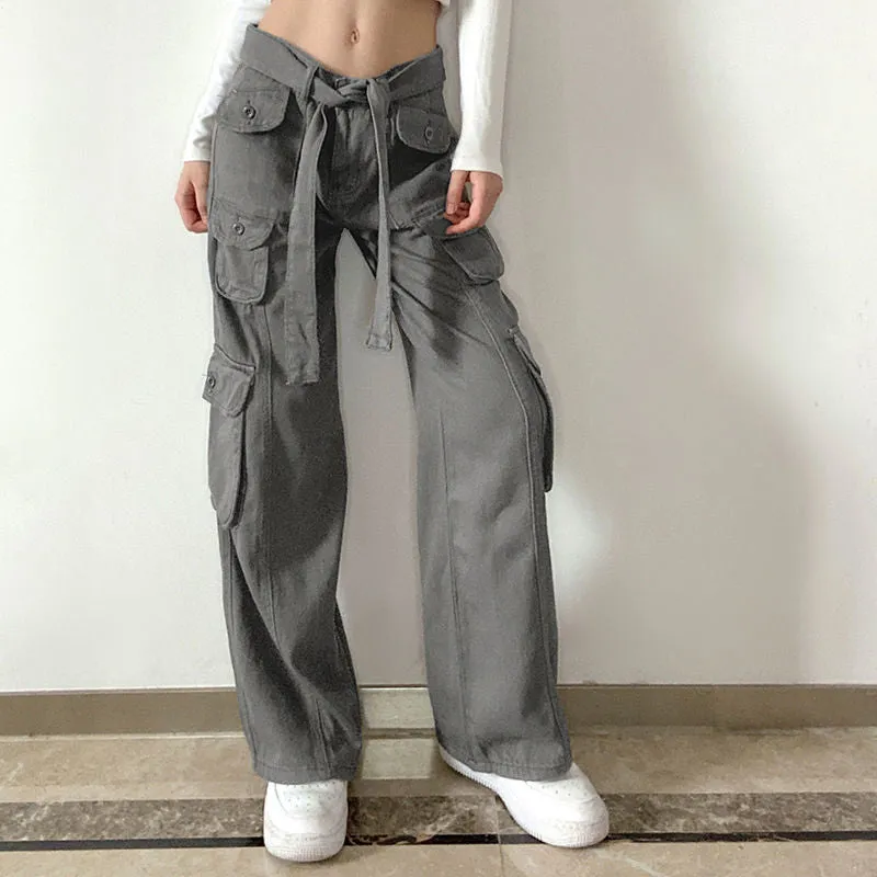 Joskaa Retro America Summer Cargo Pants Women Bottom Korean Fashion Grey Pocket Sweatpants Trousers Women Streetwears Pants