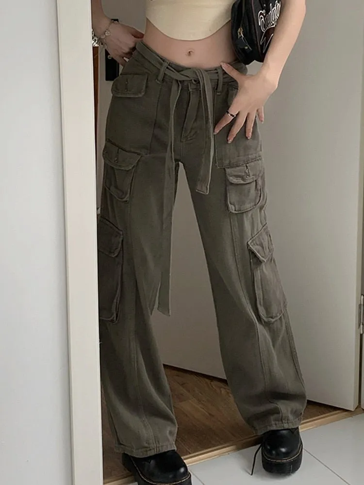 Joskaa Retro America Summer Cargo Pants Women Bottom Korean Fashion Grey Pocket Sweatpants Trousers Women Streetwears Pants
