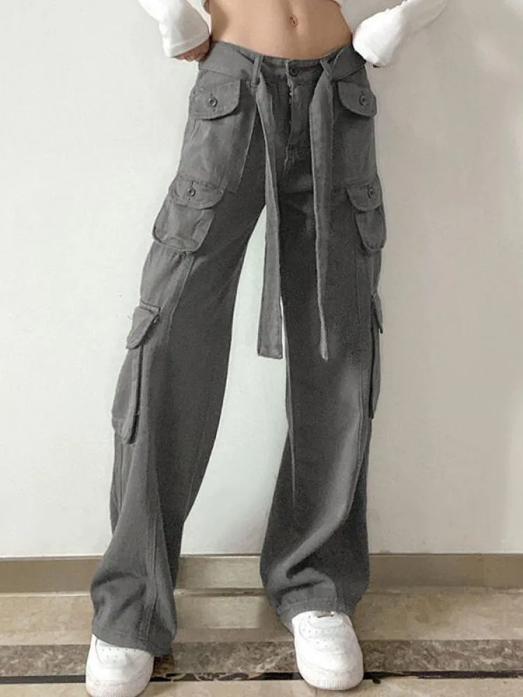 Joskaa Retro America Summer Cargo Pants Women Bottom Korean Fashion Grey Pocket Sweatpants Trousers Women Streetwears Pants