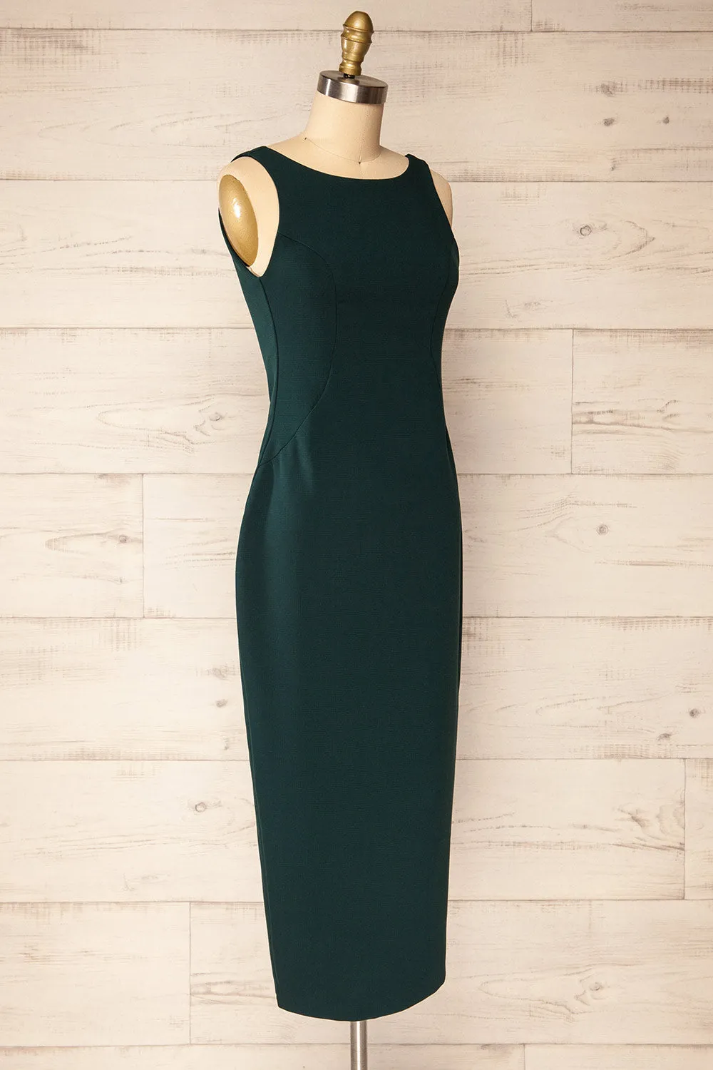 Kovna Green | Fitted Midi Dress w/ Open Back