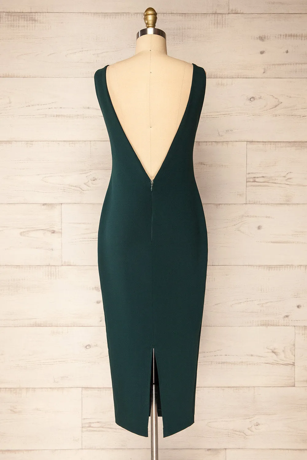 Kovna Green | Fitted Midi Dress w/ Open Back