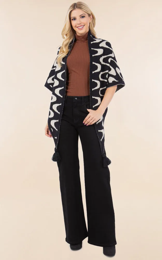 OA4270 ABSTRACT PATTERN KNIT CAPE SHAWL W/TASSELS