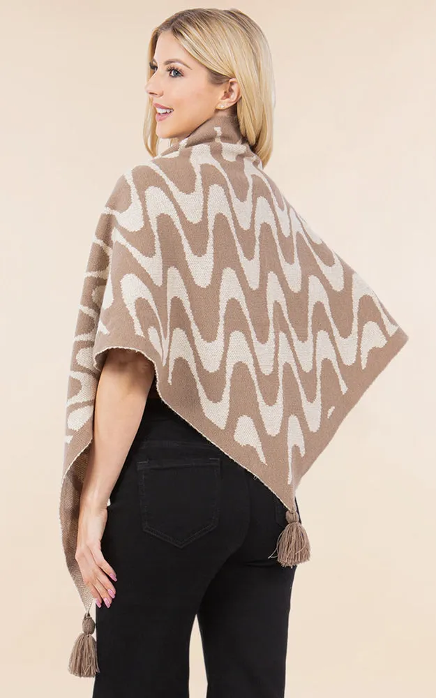OA4270 ABSTRACT PATTERN KNIT CAPE SHAWL W/TASSELS