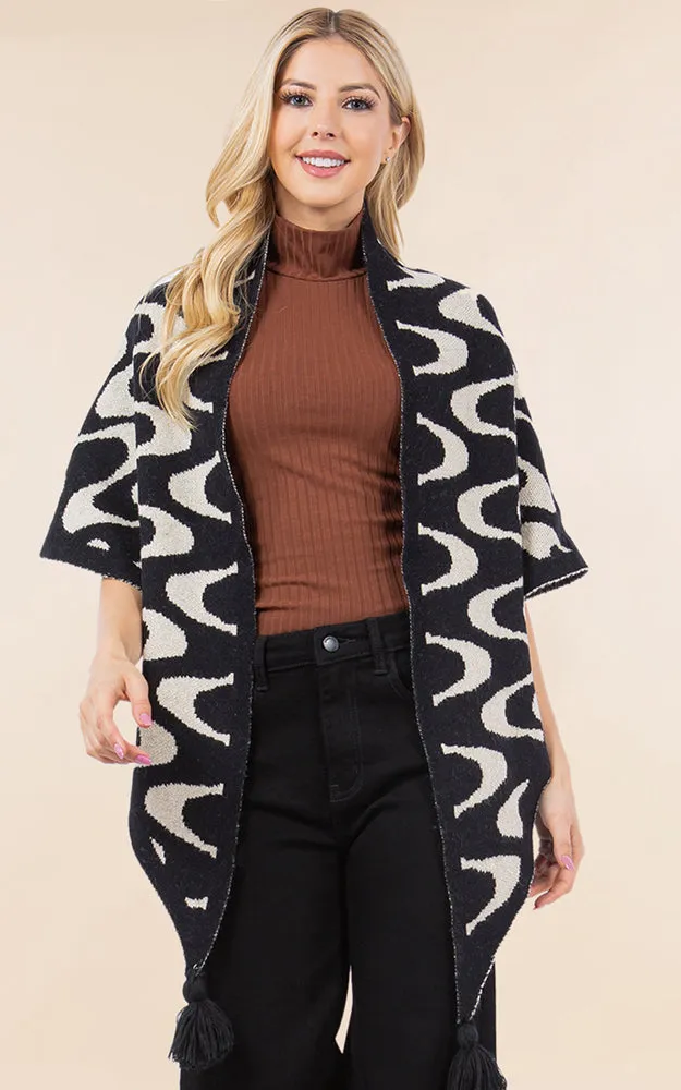 OA4270 ABSTRACT PATTERN KNIT CAPE SHAWL W/TASSELS