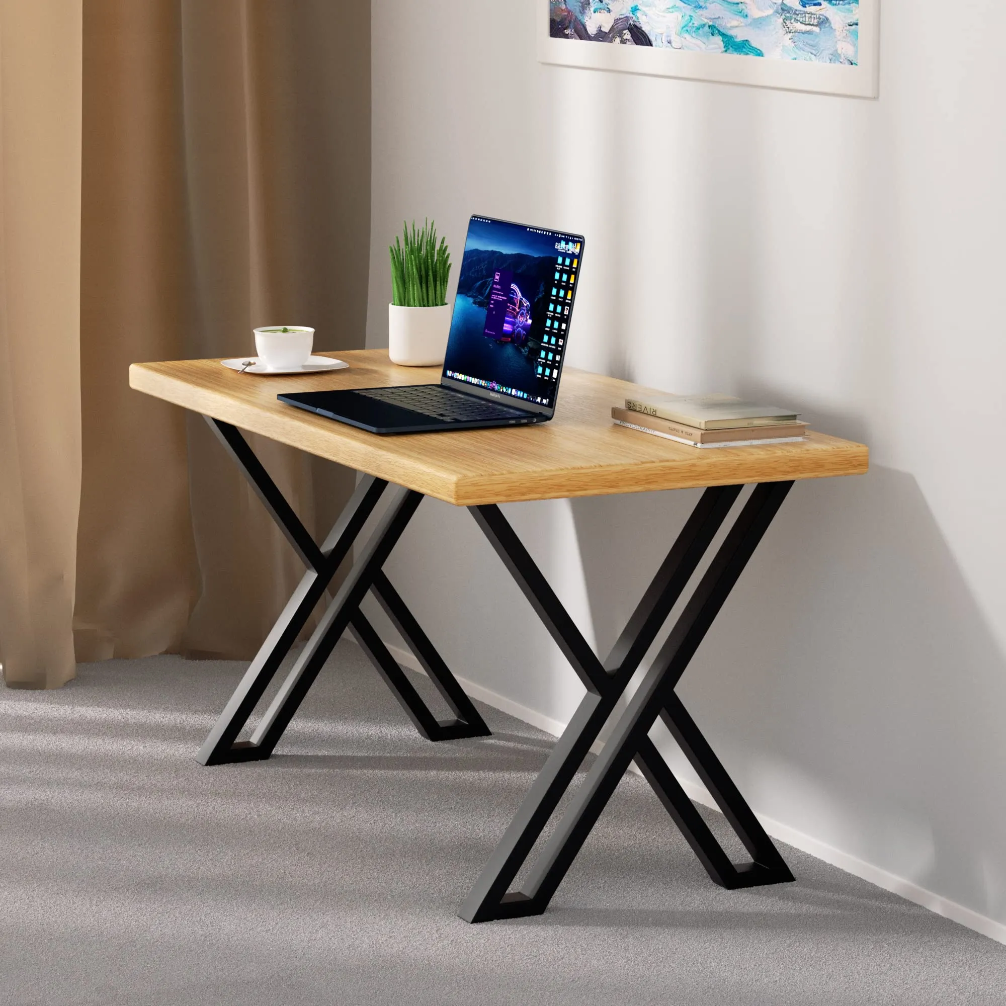 PHWOTAN Metal Table Legs for Table, X-Shaped Industrial Desk Legs 28 Inch, Set of 2 Heavy Duty Furniture Legs for Dining Table, Office Desk, Coffee Table, Console Table(28" H X24 W)