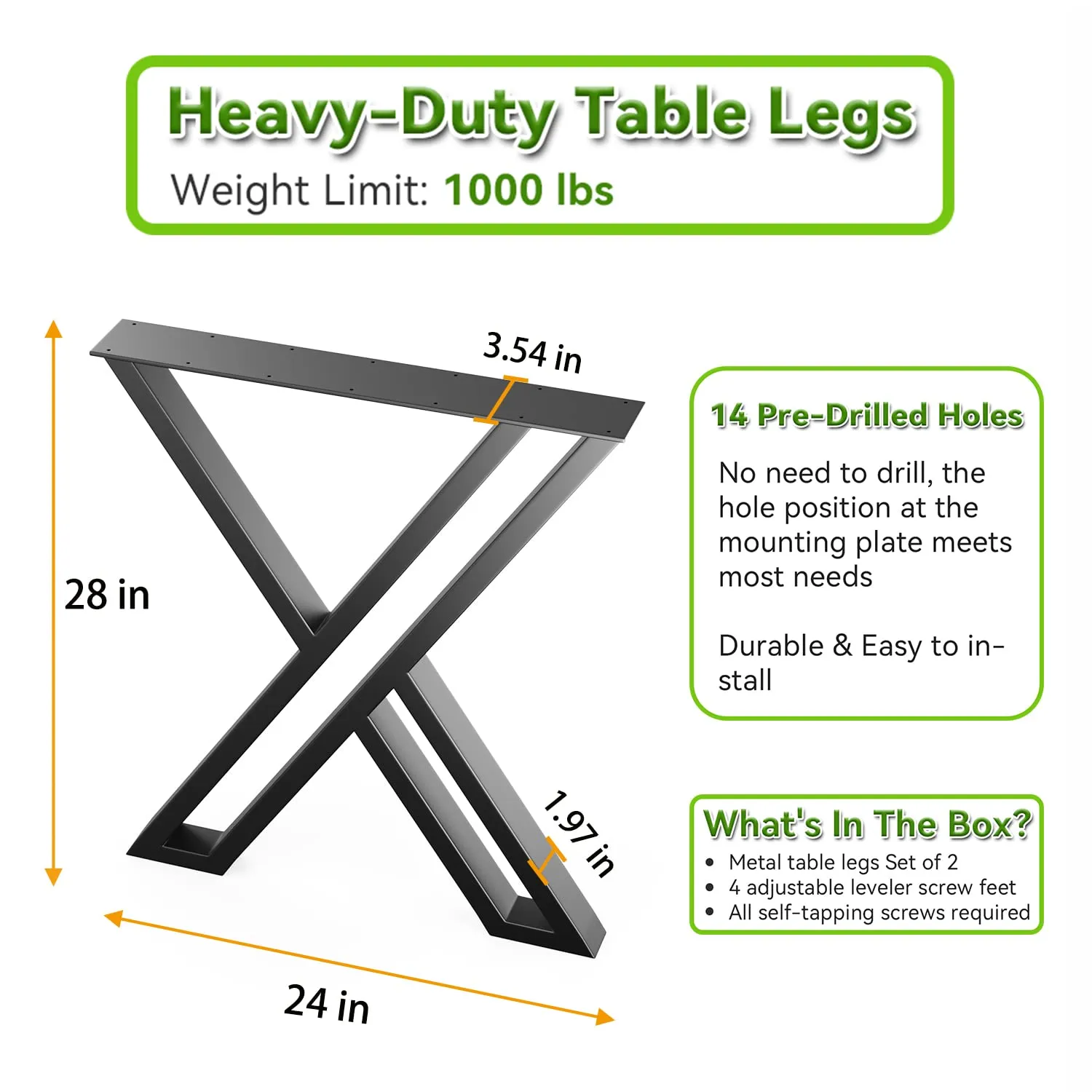 PHWOTAN Metal Table Legs for Table, X-Shaped Industrial Desk Legs 28 Inch, Set of 2 Heavy Duty Furniture Legs for Dining Table, Office Desk, Coffee Table, Console Table(28" H X24 W)