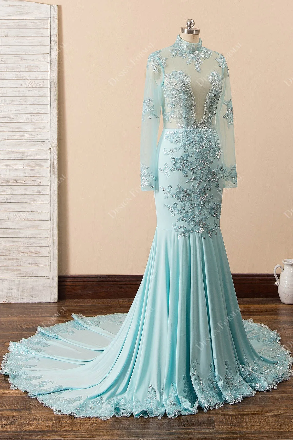 Sequin Turquoise Illusion Mermaid Sexy Plunging Long Sleeve Prom Dress