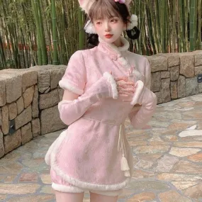 Snow-Dusted Plum Blossom Warrior   Dress with Gloves and Pants  Set Kawaii Academia Y2K Cottagecore Coquette Fairycore Dollette Princesscore Bottoms