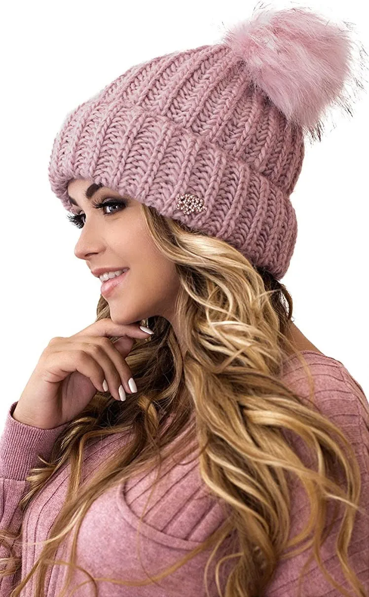 Soft Pink Cable Knit Winter Warm Women's Fur Pom Pom Hat