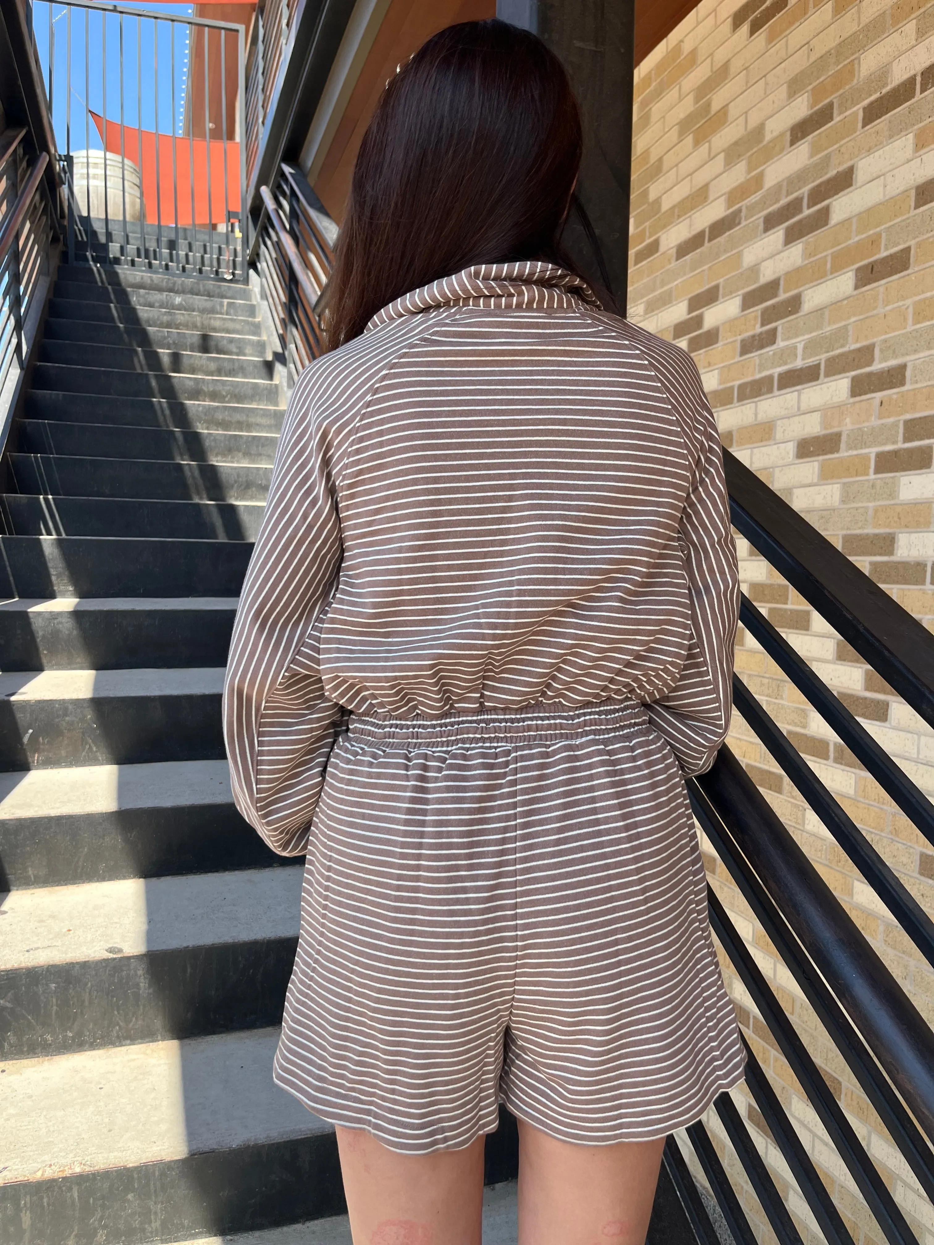 Stripe Long Sleeve Romper - Mocha