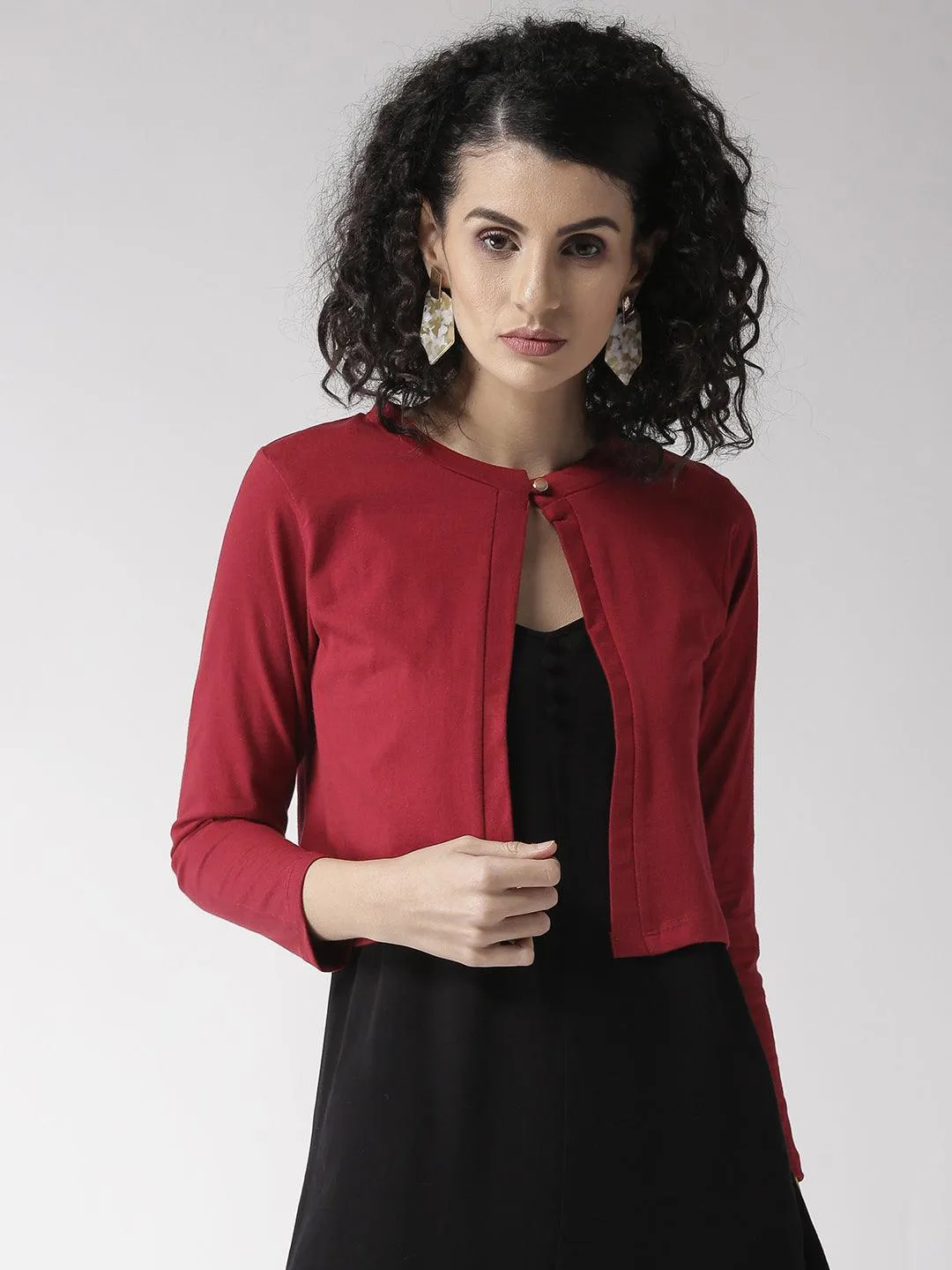 Style Quotient Women Solid Black Cotton Smart Casual Crop Shrug