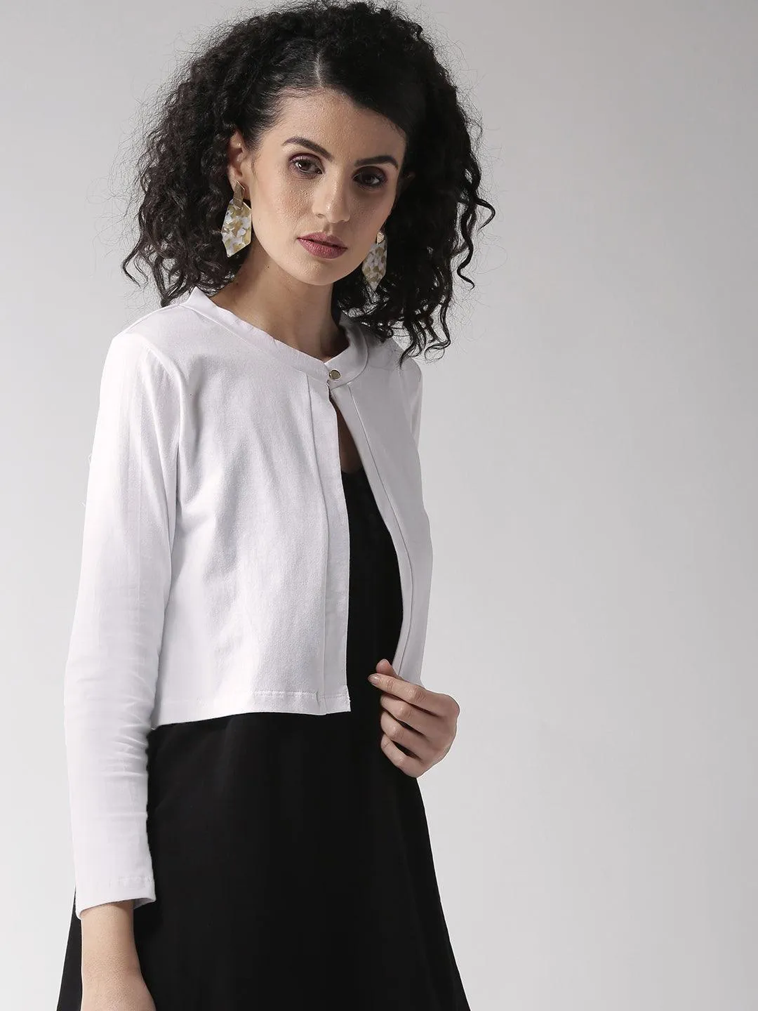 Style Quotient Women Solid Black Cotton Smart Casual Crop Shrug