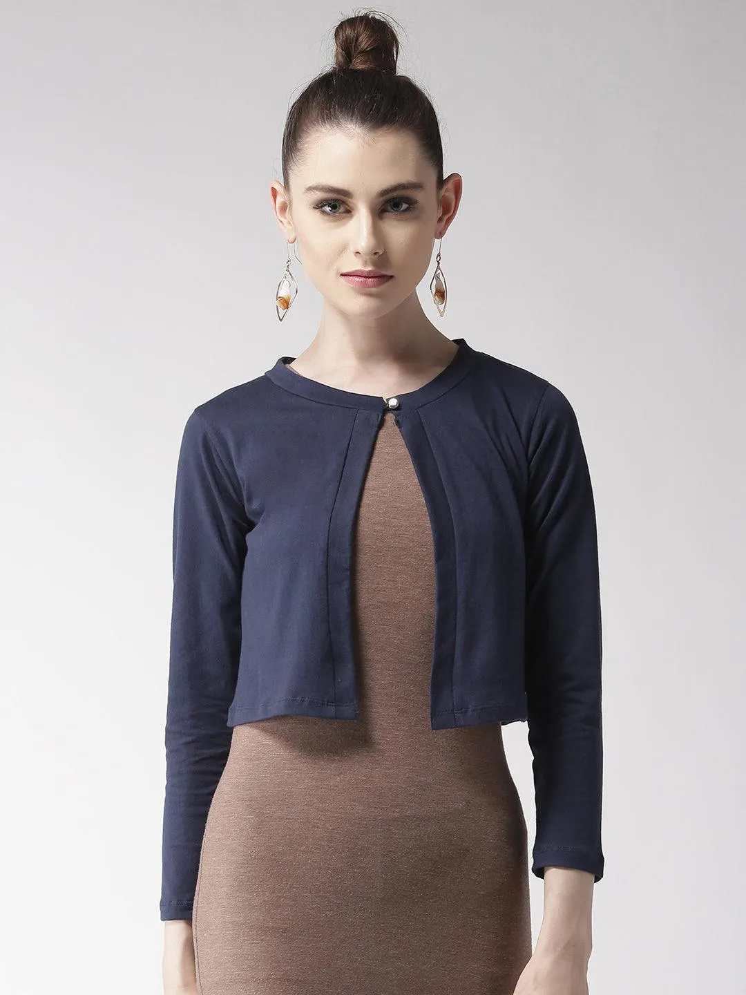 Style Quotient Women Solid Black Cotton Smart Casual Crop Shrug