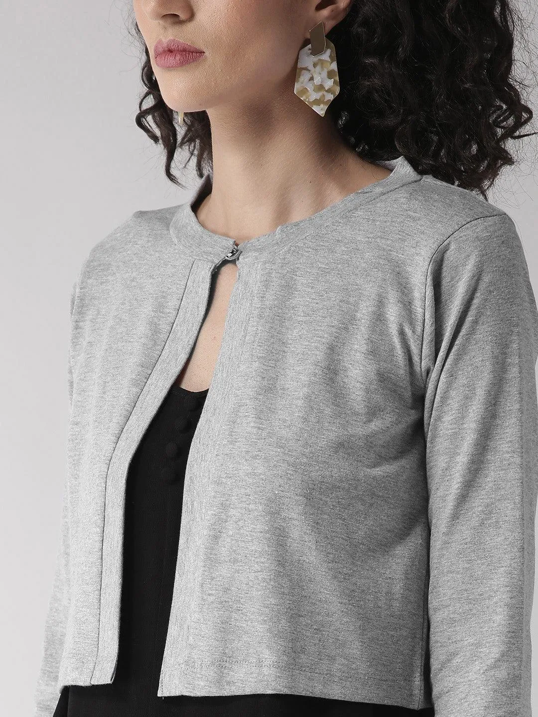 Style Quotient Women Solid Black Cotton Smart Casual Crop Shrug