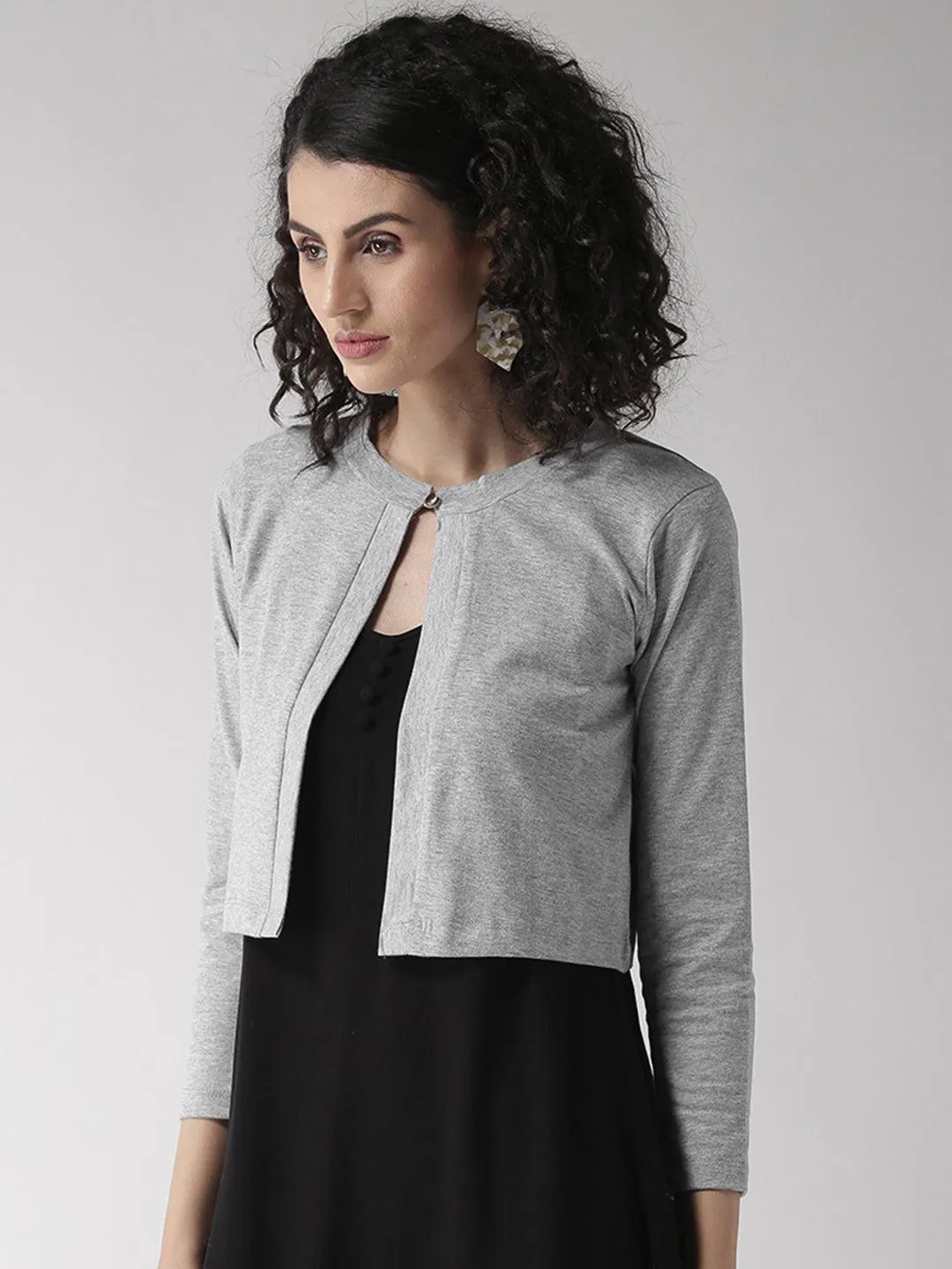 Style Quotient Women Solid Black Cotton Smart Casual Crop Shrug