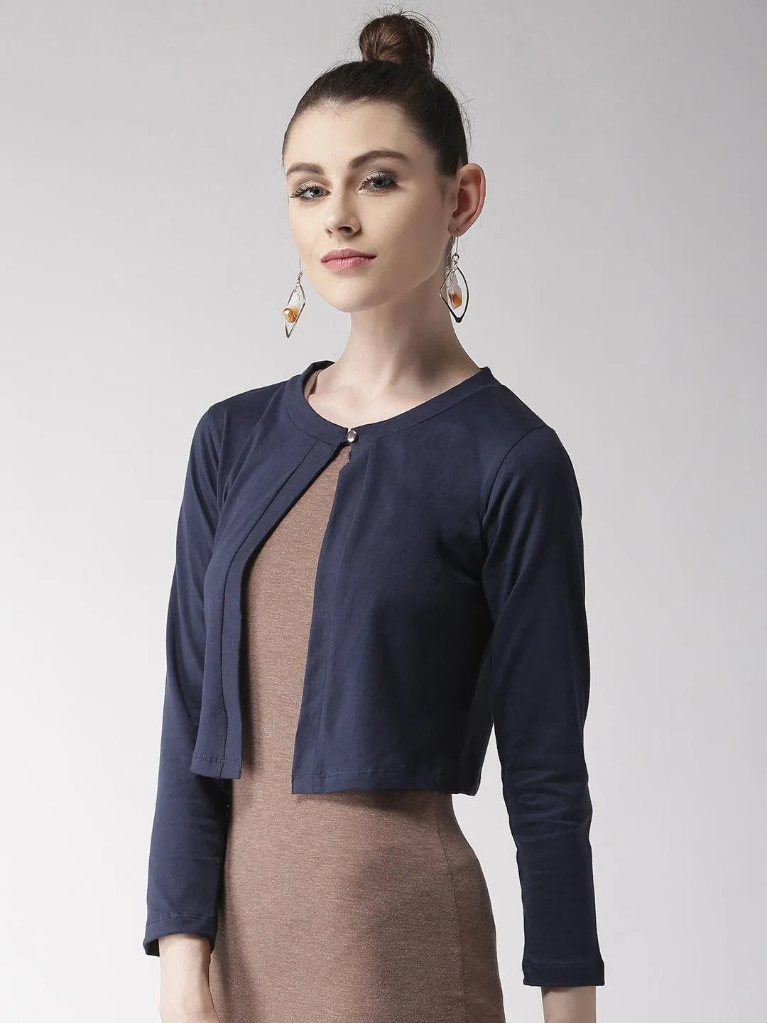 Style Quotient Women Solid Black Cotton Smart Casual Crop Shrug