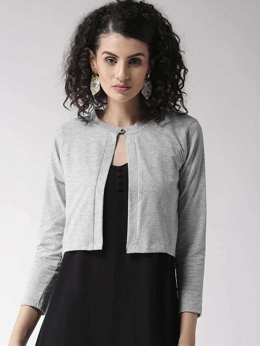 Style Quotient Women Solid Black Cotton Smart Casual Crop Shrug