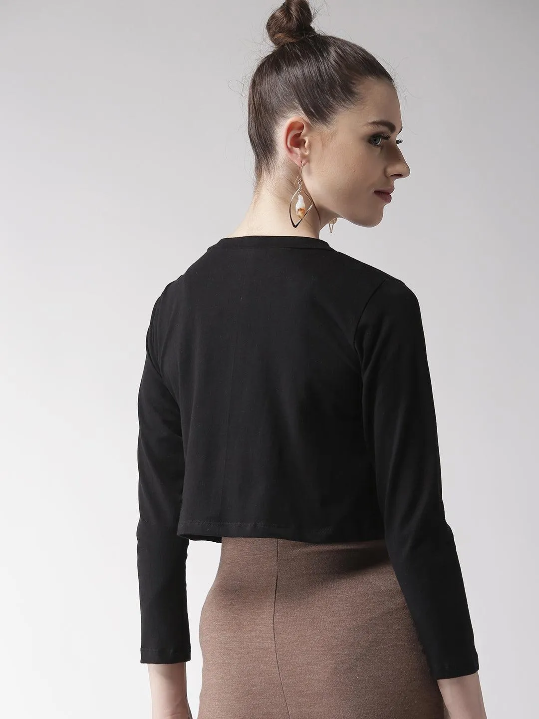 Style Quotient Women Solid Black Cotton Smart Casual Crop Shrug