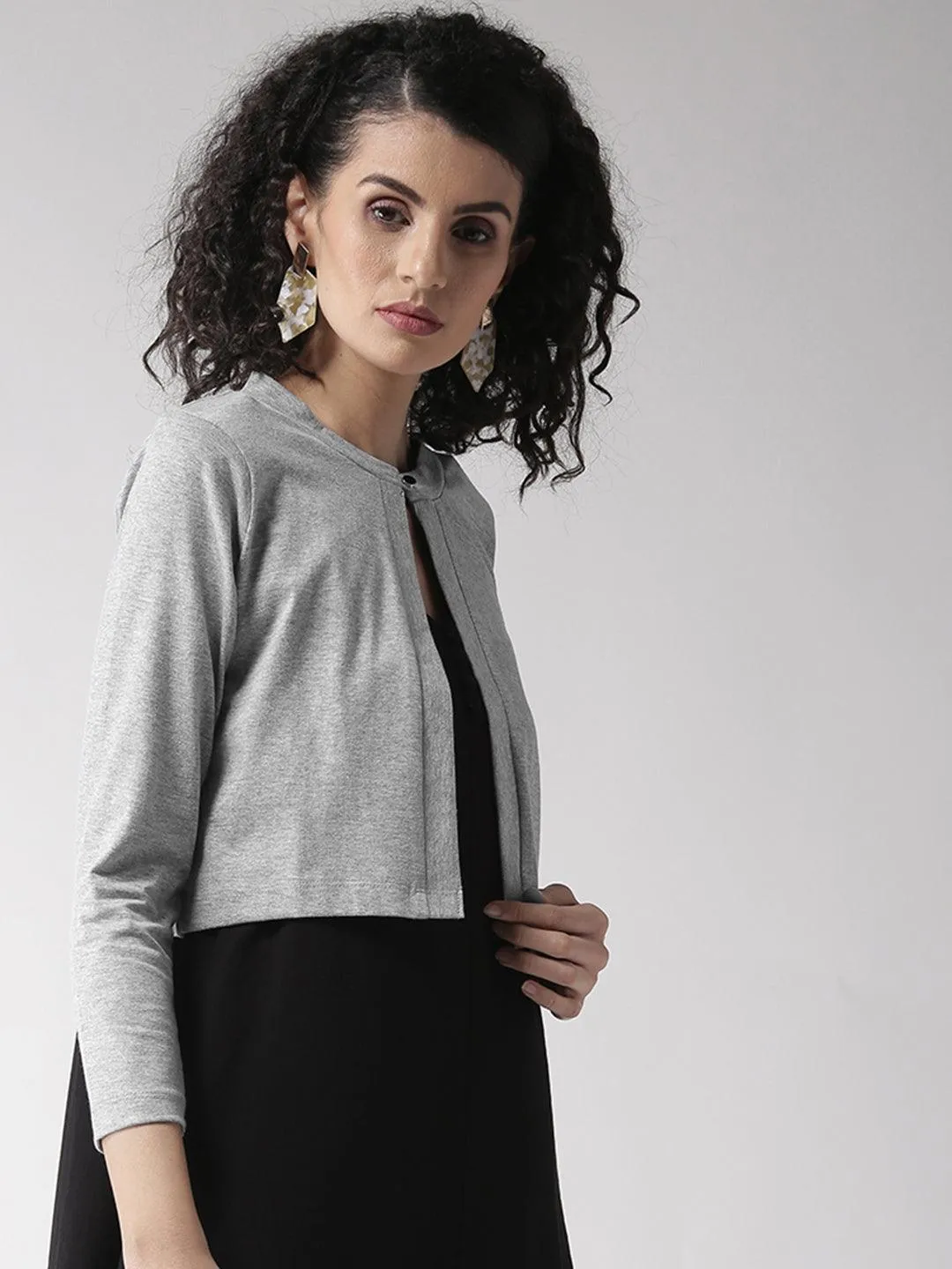 Style Quotient Women Solid Black Cotton Smart Casual Crop Shrug