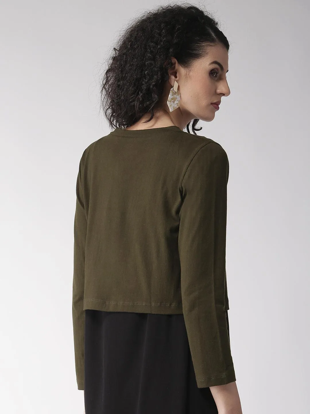 Style Quotient Women Solid Black Cotton Smart Casual Crop Shrug