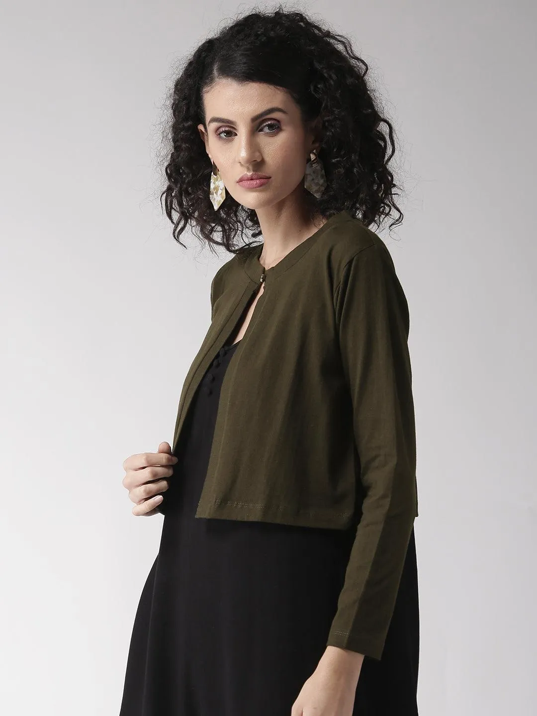 Style Quotient Women Solid Black Cotton Smart Casual Crop Shrug